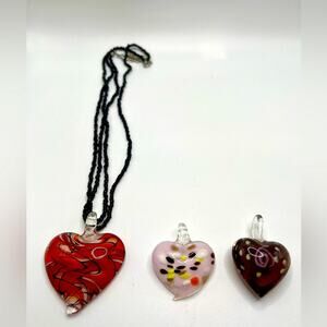 Lamp work glass beaded heart necklace with 2 pendants